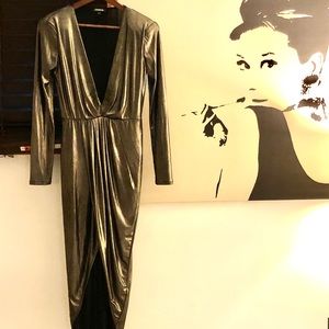 Bronze deep v-neck wrap dress with shoulder pads